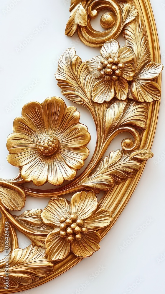 Intricately detailed golden floral carvings with flowing leaves and delicate blooms, showcasing elegance and artistic craftsmanship. Intricately detailed golden floral carvings with flowing leaves and delicate blooms, showcasing elegance and artistic craftsmanship.
