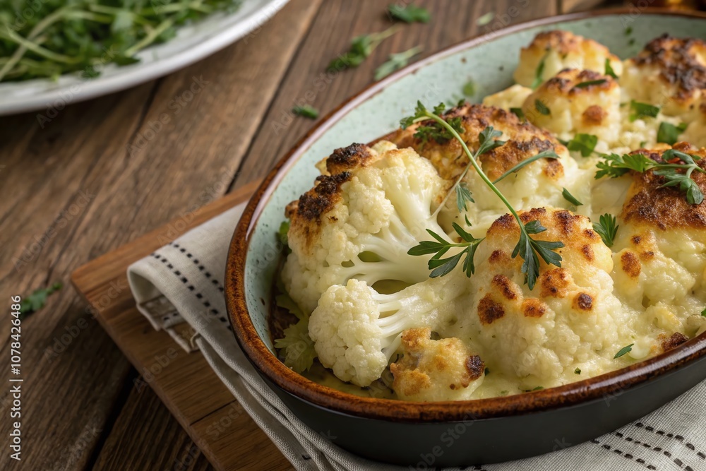 Baked Cauliflower with Cheese: A Deliciously Cheesy Vegetable Dish Perfect for Healthy Meals or Comfort Food, Featured in an Appealing Presentation with Copy Space for Text Baked Cauliflower with Cheese: A Deliciously Cheesy Vegetable Dish Perfect for Healthy Meals or Comfort Food, Featured in an Appealing Presentation with Copy Space for Text