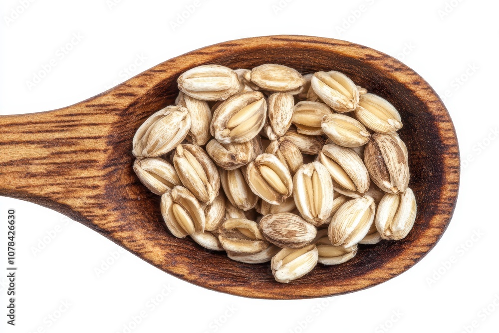 Chinese pearl barley Job s tears traditional herbal millet or Pivot in a wooden spoon with the scientific name Cox lacrima jobi Harb on a white background Chinese pearl barley Job s tears traditional herbal millet or Pivot in a wooden spoon with the scientific name Cox lacrima jobi Harb on a white background