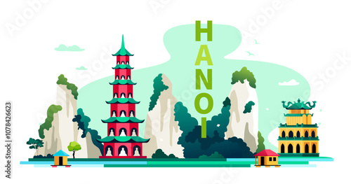 Ancient Temples of Hanoi - modern colored vector illustration