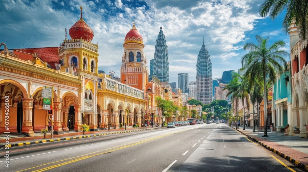 Fototapeta premium A wide street lined with colorful buildings and palm trees leads towards the Petronas Towers in Kuala Lumpur, Malaysia.