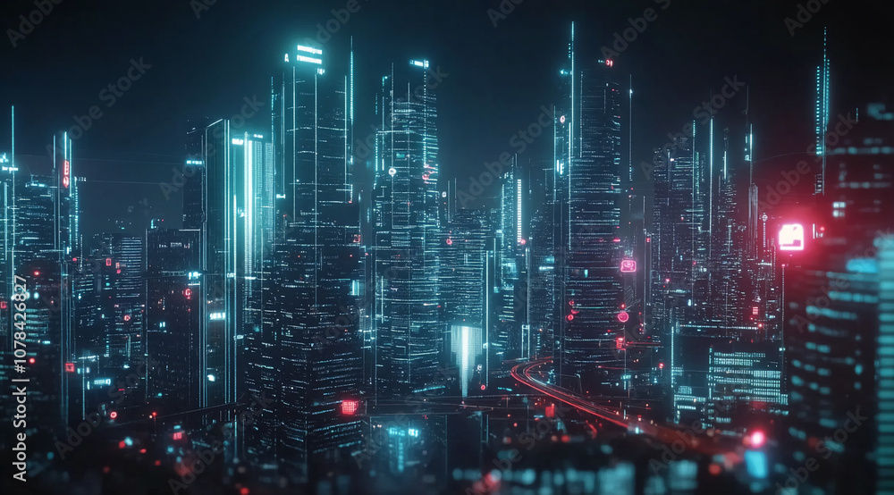 A futuristic city at night, illuminated with neon lights. The cityscape is made up of skyscrapers with glowing lines of code running down their sides