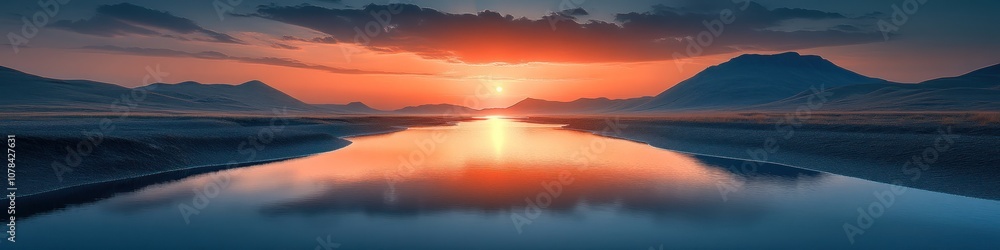 Serene sunset reflecting on a calm river in a mountainous landscape. Serene sunset reflecting on a calm river in a mountainous landscape.