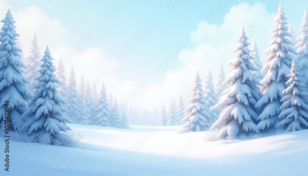 Winter Wonderland scene, fluffy snow-covered pine trees, soft light, tranquil setting Winter Wonderland scene, fluffy snow-covered pine trees, soft light, tranquil setting