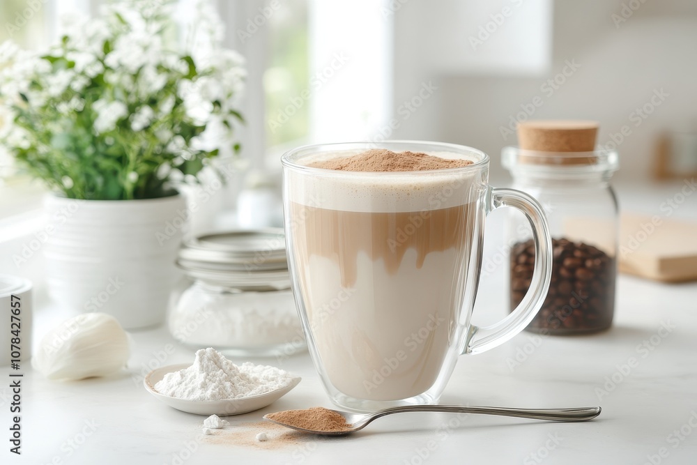 Collagen coffee in a glass alongside a jar and spoon on a white tabletop A natural beauty and health supplement for skin bones joints and digestion promoting an Collagen coffee in a glass alongside a jar and spoon on a white tabletop A natural beauty and health supplement for skin bones joints and digestion promoting an