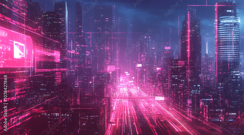 A futuristic cityscape with neon lights and glowing digital displays illuminating the streets at night A futuristic cityscape with neon lights and glowing digital displays illuminating the streets at night