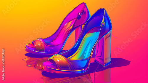 Brightly colored Pop art illustration of a pair of high heeled shoes