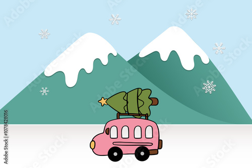 Vector picture with rpink car and Christmas tree. Christmas picture. Red pickup. New year illustration  photo