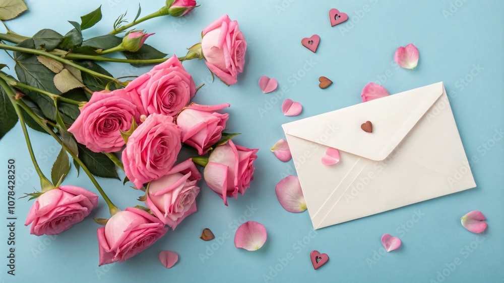 Beautiful Pink Rose Flowers and Envelope on Blue Background for Celebrations, Anniversaries, and Valentine's Day Expressions of Love and Affection Beautiful Pink Rose Flowers and Envelope on Blue Background for Celebrations, Anniversaries, and Valentine's Day Expressions of Love and Affection