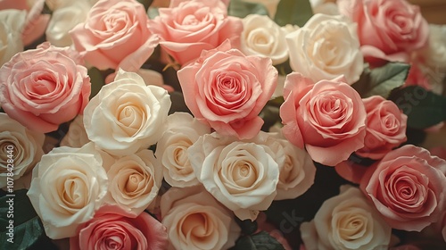 A close-up of a bouquet of pink and white roses, with soft lighting.