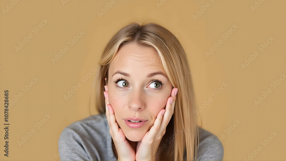 Young woman looks up with a surprised or curious expression. Young woman looks up with a surprised or curious expression.