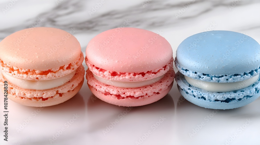 Close-up of three macarons in pastel pink and blue colors on a marble background, studio shot Close-up of three macarons in pastel pink and blue colors on a marble background, studio shot