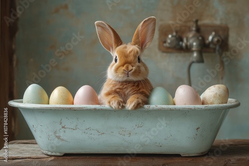 Adorable Easter bunny sitting in a bathtub with colorful eggs and spring vibes.