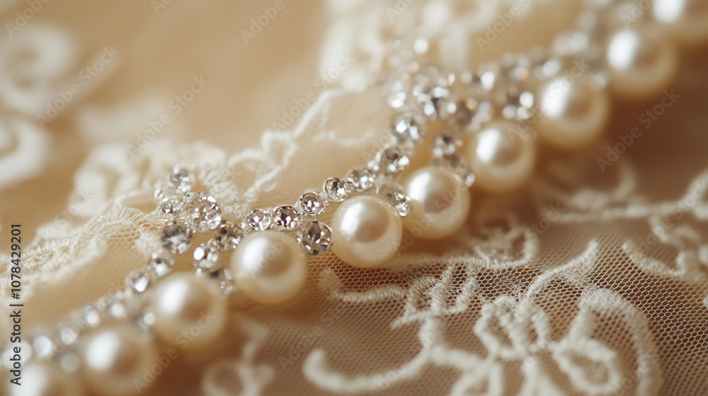 Closeup of delicate pearl and crystal embellishment on white lace fabric. Closeup of delicate pearl and crystal embellishment on white lace fabric.