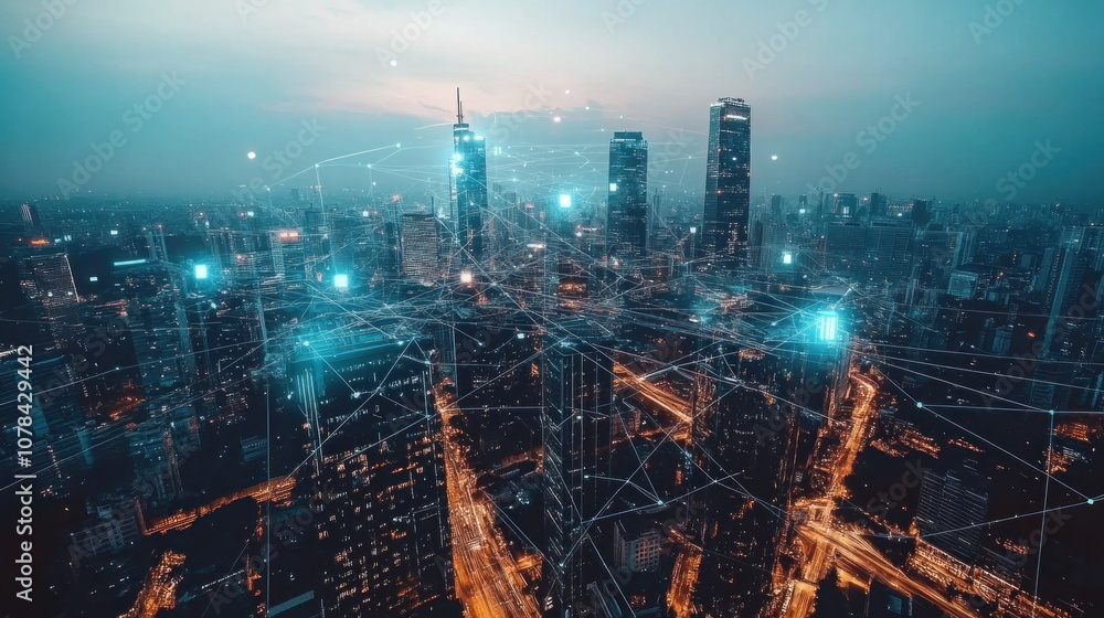 Fototapeta premium Cityscape With Network Connections