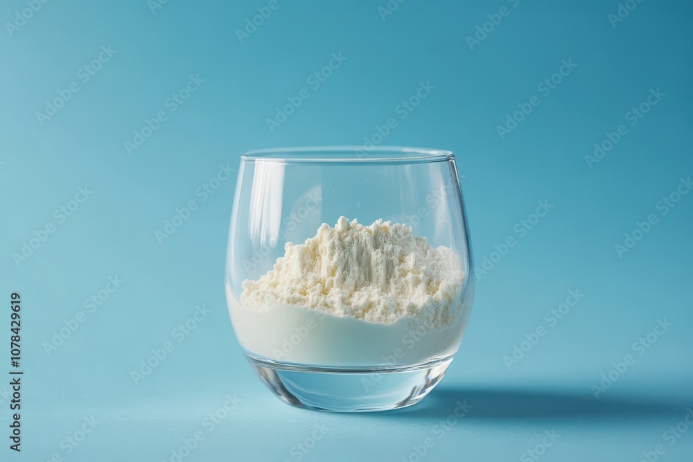 Collagen powder mixed in water Nutrient supplements Skin health Blue backdrop