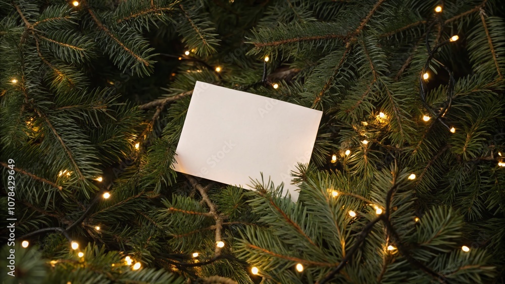 Blank White Card Framed by Illuminated Christmas Tree Branches for Festive Holiday Messages, Perfect for Seasonal Greetings and Celebrations Blank White Card Framed by Illuminated Christmas Tree Branches for Festive Holiday Messages, Perfect for Seasonal Greetings and Celebrations