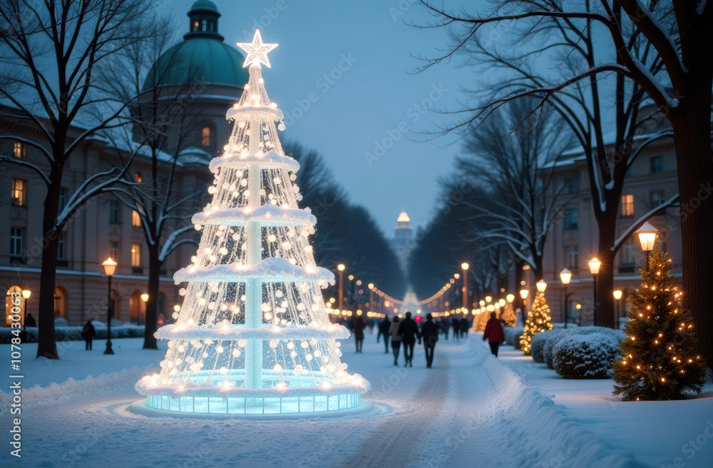 Magical winter wonderland: illuminated christmas tree on snowy evening Magical winter wonderland: illuminated christmas tree on snowy evening