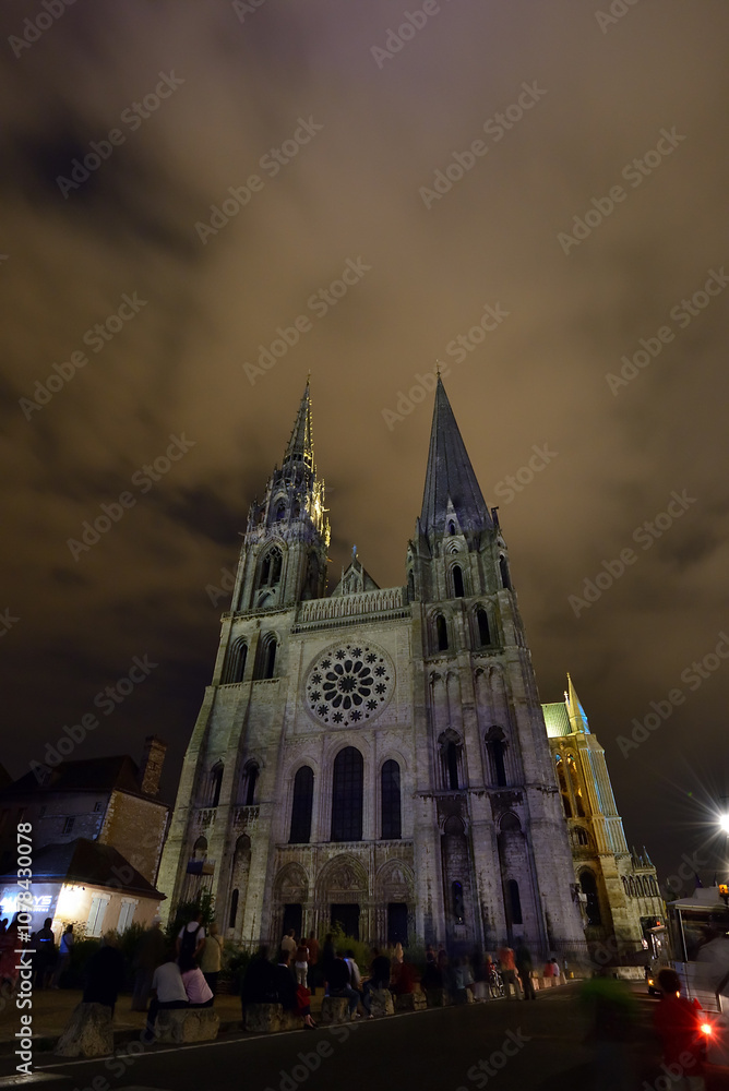 Fototapeta premium Chartres Cathedral illuminated at night, Chartres, France vertical / 夜のライトアップされたシャルトル大聖堂 シャルトル フランス 縦位置