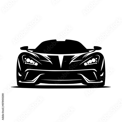 High-Performance Sports Car Front View Vector – Sleek Black and White Race Car Icon for Automotive Design