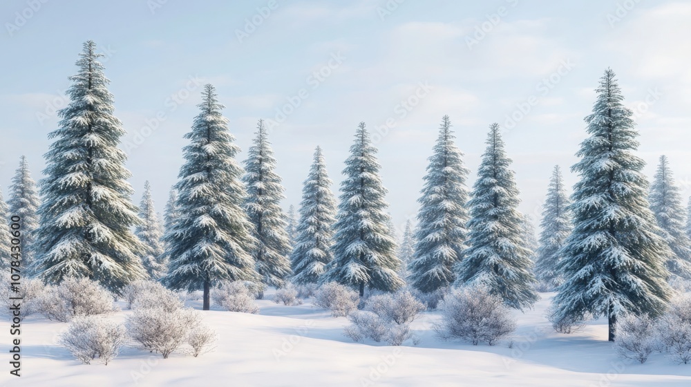 Fototapeta premium Norwegian forest in winter, tall pine trees covered in snow, quiet and peaceful scene