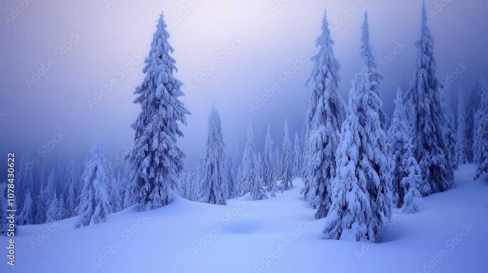 Obraz premium Norwegian forest in winter, tall pine trees covered in snow, quiet and peaceful scene