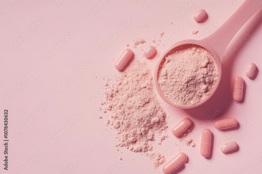 Collagen supplements in powder and pill form on a pink surface Boosts protein and supports skin bones joints and gut health Plant or fish derived Overhead view Collagen supplements in powder and pill form on a pink surface Boosts protein and supports skin bones joints and gut health Plant or fish derived Overhead view