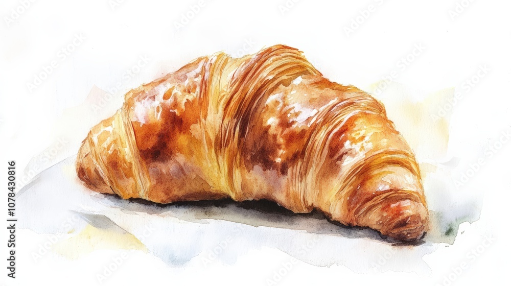 Watercolor Illustration of a Golden Brown Croissant on a White Background Watercolor Illustration of a Golden Brown Croissant on a White Background