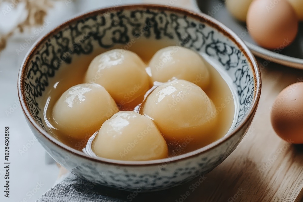 Colored glazed large tangyuan rice dumplings in a bowl with sweet rice wine soup and egg drop for Lunar New Year Colored glazed large tangyuan rice dumplings in a bowl with sweet rice wine soup and egg drop for Lunar New Year