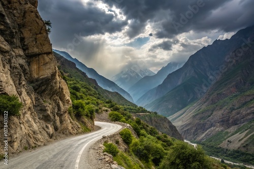 Breathtaking Bokeh Effect Capturing the Perilous Beauty of the Dangerous Karakorum Road Surrounded by Majestic Mountains and Untamed Nature