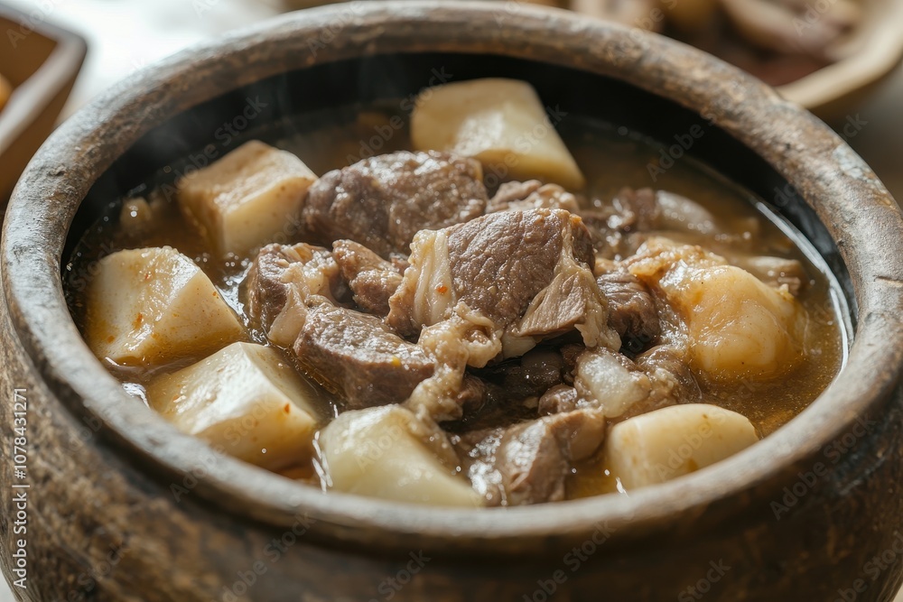 Detailed perspective Dogani tang ox knee soup and stew nutritious fare beef meat tripe ceramic Korean pot Detailed perspective Dogani tang ox knee soup and stew nutritious fare beef meat tripe ceramic Korean pot