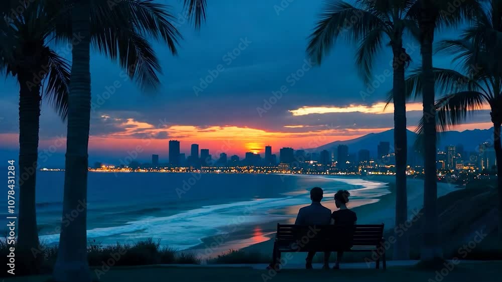 Couple Against Sunset Over City Skyline with Palm Trees Couple Against Sunset Over City Skyline with Palm Trees