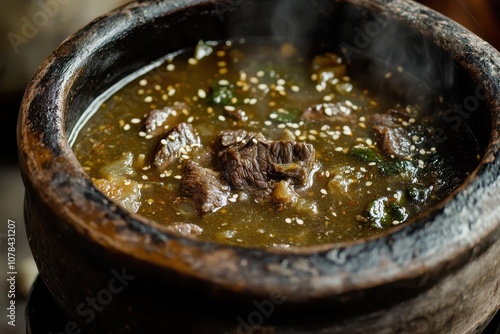 Detailed look at Dogani tang a nourishing soup made with ox knee and beef served in an earthen ttukbaegi pot photo