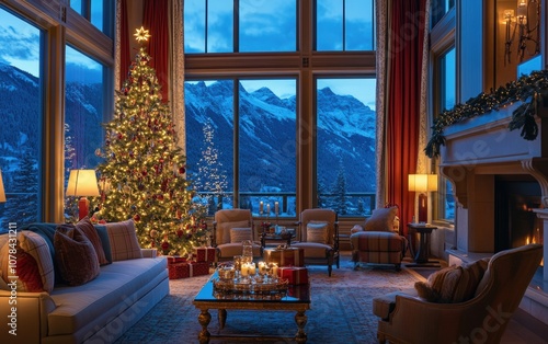 Luxurious Mountain View Suite with Christmas Tree â€“ Suite with large windows offering breathtaking winter mountain views, elegant holiday decorations, and plush, high-end furnishings  photo