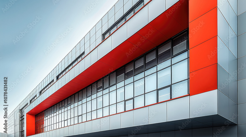 Exterior. Modern building elite university, grey, white, red, diffused light. Exterior. Modern building elite university, grey, white, red, diffused light.