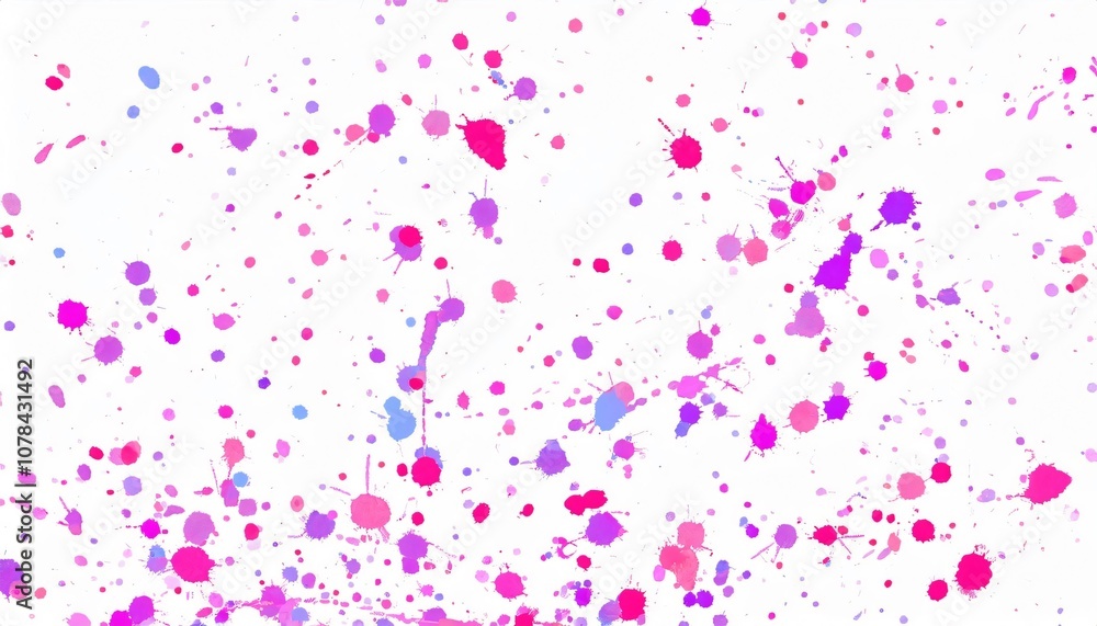 Energetic and artistic design of vibrant pink and purple paint splatters on a pristine white backdrop Energetic and artistic design of vibrant pink and purple paint splatters on a pristine white backdrop