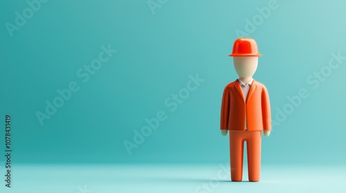 A colorful figurine of a man wearing an orange suit and hat, standing against a light blue background, representing modern and playful design elements. photo