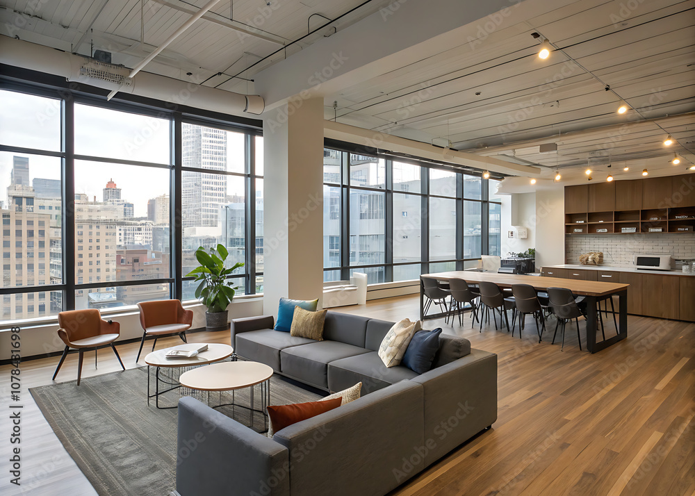 A modern office lounge with a large gray sectional sofa, two armchairs, and a coffee table, all set against a backdrop of expansive windows showcasing a city view. A modern office lounge with a large gray sectional sofa, two armchairs, and a coffee table, all set against a backdrop of expansive windows showcasing a city view.