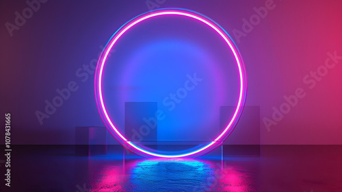Wallpaper Mural Neon style circle mockup in futuristic piping. Blue and pink modern hologram illuminated by lights in futuristic interior 3D rendering Torontodigital.ca