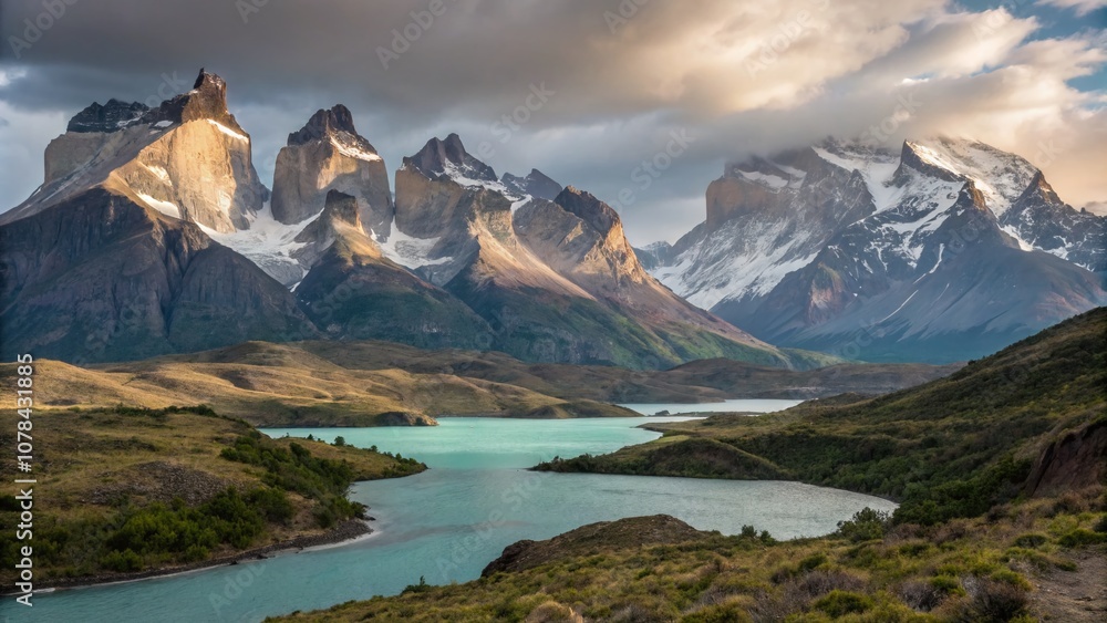 Obraz premium Breathtaking Landscape of Torres del Paine National Park in Patagonia: A Stunning Showcase of Nature’s Majesty, Featuring Mountains, Glaciers, Lakes, and Unique Wildlife