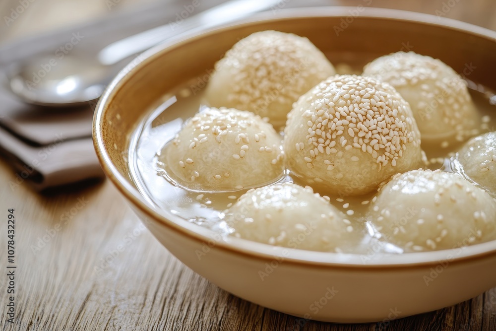 Detailed view of large sesame glutinous rice balls in sweet syrup served in a bowl on a wooden table for the Winter Solstice celebration Detailed view of large sesame glutinous rice balls in sweet syrup served in a bowl on a wooden table for the Winter Solstice celebration
