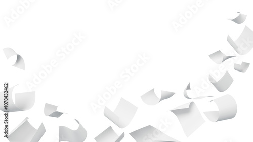 3d white paper sheets falling down on transparent background png render. Scatter blank pages, office documents, business files, wave curve notes flying in air. Mess in paperwork. 3D illustration photo