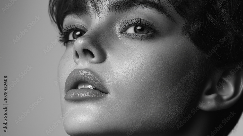 Close-Up Black and White Portrait of Young Woman with Freckles and Natural Beauty Expression Close-Up Black and White Portrait of Young Woman with Freckles and Natural Beauty Expression