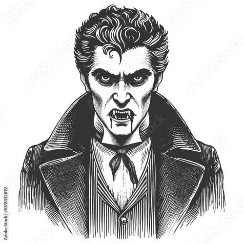 vampire with a fierce expression, fangs exposed, and wearing a dark cloak and classic attire sketch engraving generative ai vector illustration. Scratch board imitation. Black and white image.