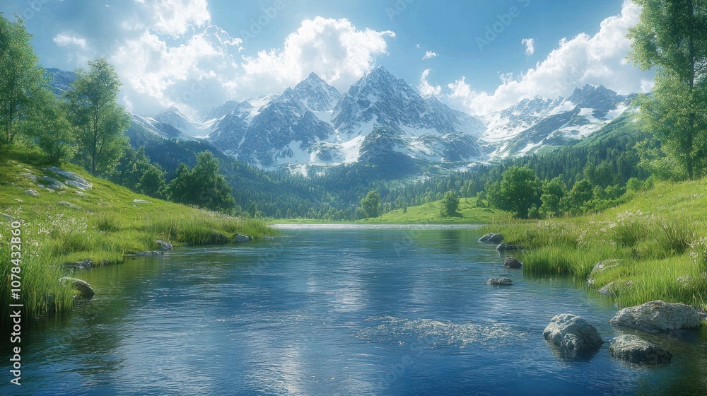 Fototapeta premium Serene mountain landscape with a tranquil river and lush greenery.