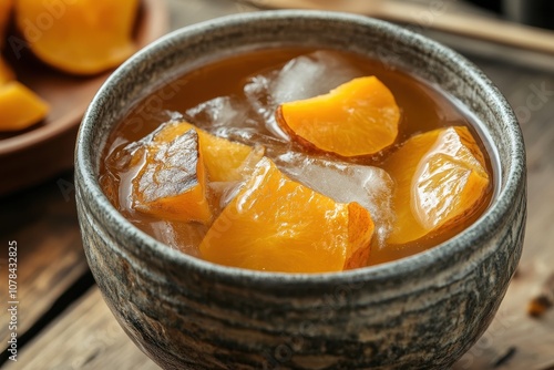 Detailed view of Sujeonggwa a traditional South Korean persimmon beverage served with ice and dried fruit in a ceramic cup photo