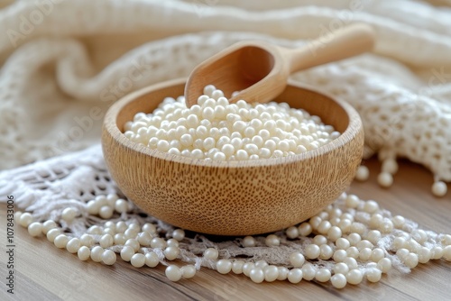 Detailed view of white Job s tears in a wooden bowl and scoop set on a wooden table photo