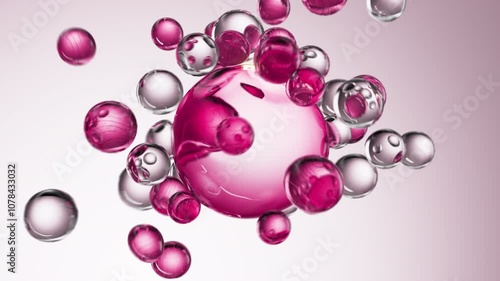Pink serum with liquid bubbles in a 3D abstract background. Hydrating essence gel with collagen molecules. Moisturizing cream or oil for skincare and beauty.