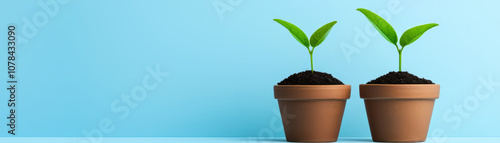 Growing plants in pots with green leaves on blue background