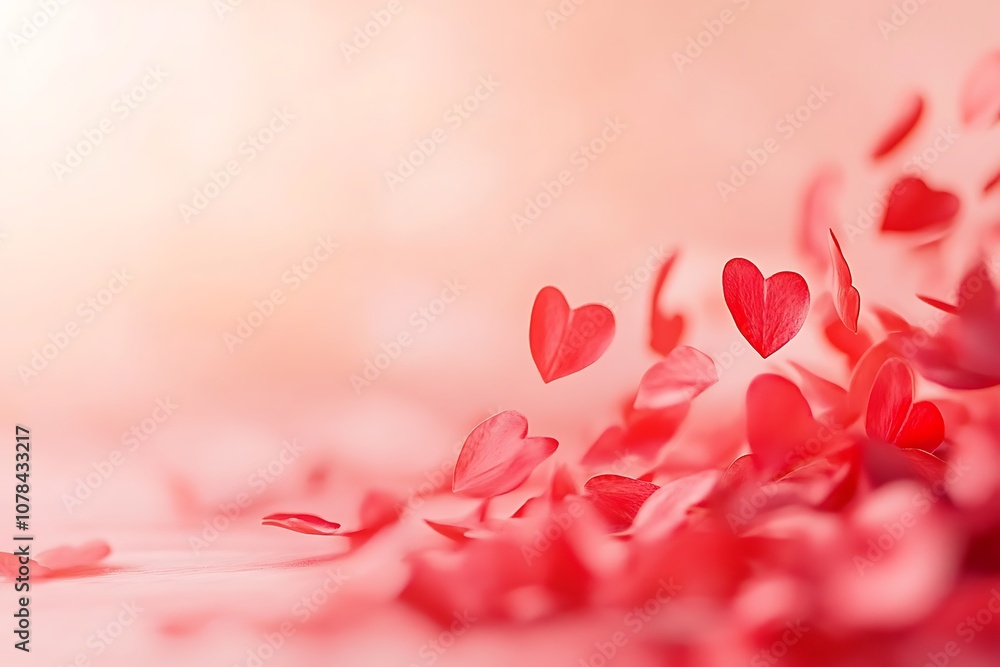 Romantic soft pink background with scattered red heart-shaped bokeh. Romantic soft pink background with scattered red heart-shaped bokeh.